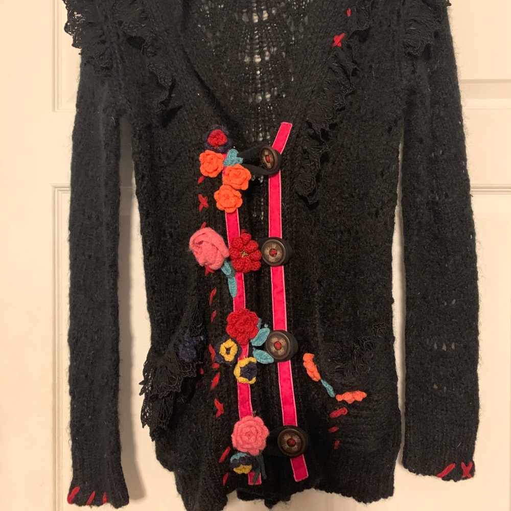 Vtg Betsey Johnson RUNWAY mohair lace ruffle sweater 90s cardigan anthro UO flor - Picture 9 of 11